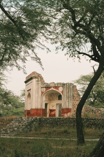 白天绿树旁的棕色混凝土建筑